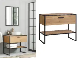 Floor Standing Countertop Vanity Unit 900mm Oak Bathroom Cabinet with Drawer Industrial Loft Black Metal - Brooklyn