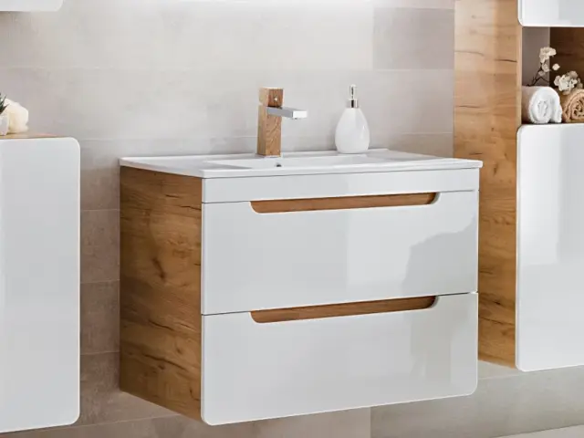Wall Bathroom Vanity Unit with Sink 800mm Cabinet with Drawers Modern White Gloss and Oak Storage - Aruba - image 1