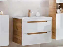 Wall Bathroom Vanity Unit with Sink 800mm Cabinet with Drawers Modern White Gloss and Oak Storage - Aruba - thumbnail 1