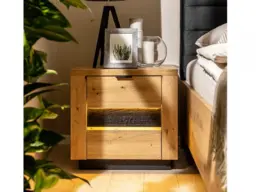 Bedside Cabinet Nightstand 2 Drawer Bedroom Storage Unit Artisan Oak / Burnt Board Effect with LEDs - Ostia
