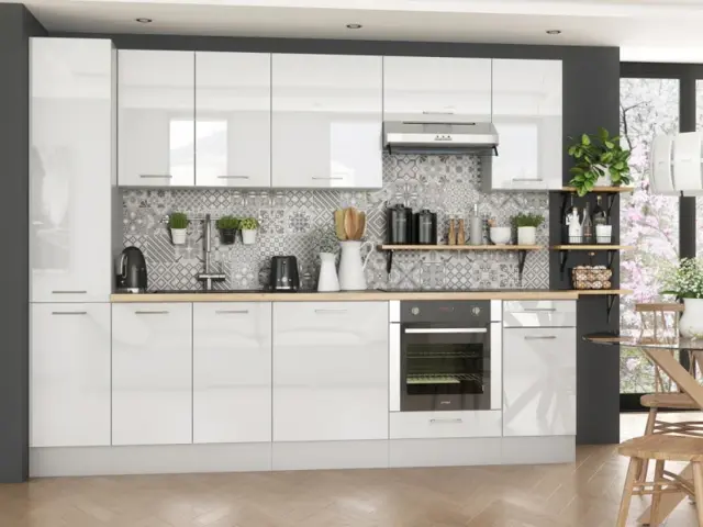 Scandi Kitchen Unit 9 Cupboards Oven Housing Larder Set 280cm White High Gloss - Ella - image 1