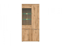 Modern Oak Effect Finish Wide Tall Glass Fronted Display Cabinet Storage 2 Door Unit with LED Light - Zele - thumbnail 3