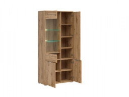 Modern Oak Effect Finish Wide Tall Glass Fronted Display Cabinet Storage 2 Door Unit with LED Light - Zele - thumbnail 2