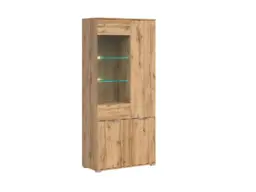 Modern Oak Effect Finish Wide Tall Glass Fronted Display Cabinet Storage 2 Door Unit with LED Light - Zele - thumbnail 1