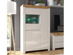 Wide Glass Display Cabinet White Gloss Buffet Storage Unit with LED Lights Scandi Style Oak - Holten