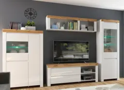 Wide Glass Display Cabinet White Gloss Buffet Storage Unit with LED Lights Scandi Style Oak - Holten - thumbnail 2