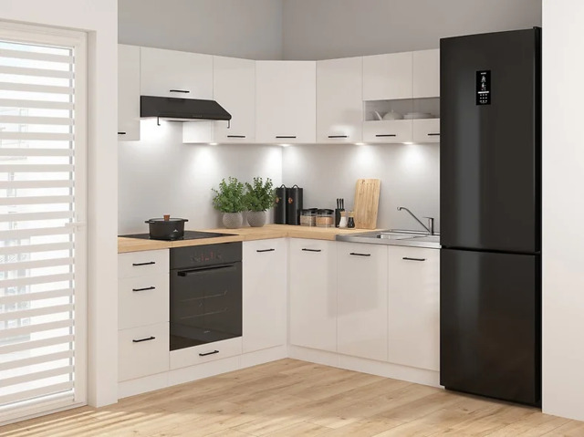Kitchen Corner Cabinets Set 11 Units White Gloss Modern L Shaped Complete DIY Freestanding Cupboards - Junona - image 1
