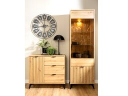Tall Slim Glass Display Cabinet Modern Soft Close Glazed Unit Glass Shelves Slatted Oak Effect Black Legs – Lamea - thumbnail 2