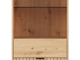 Tall Slim Glass Display Cabinet Modern Soft Close Glazed Unit Glass Shelves Slatted Oak Effect Black Legs – Lamea - thumbnail 3