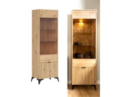 Tall Slim Glass Display Cabinet Modern Soft Close Glazed Unit Glass Shelves Slatted Oak Effect Black Legs – Lamea - thumbnail 1