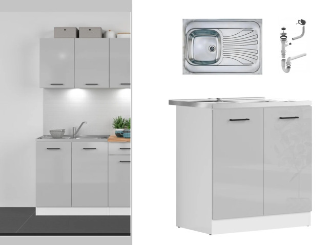 Kitchen Sink and Unit Under Sink Cabinet 800mm Stainless Steel Sink Complete Freestanding Light Grey Gloss - Junona - image 1