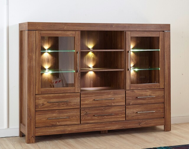 Extra Large Sideboard Dresser Glass Display Cabinet Buffet Unit LED Lights Medium Oak Effect - Gent - image 1