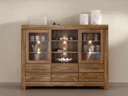 Extra Large Sideboard Dresser Glass Display Cabinet Buffet Unit LED Lights Medium Oak Effect - Gent - thumbnail 2