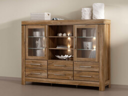 Extra Large Sideboard Dresser Glass Display Cabinet Buffet Unit LED Lights Medium Oak Effect - Gent - thumbnail 3