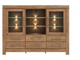 Extra Large Sideboard Dresser Glass Display Cabinet Buffet Unit LED Lights Medium Oak Effect - Gent - thumbnail 4