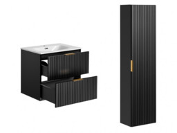 Bathroom 800mm Vanity Set Ribbed Textured Black Modern Wall Hung Floating Cabinets Sink - Adel - thumbnail 2