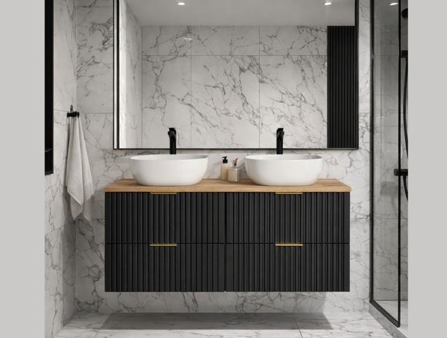 Double Vanity Unit with Basin 1200mm Oak Countertop Black Bathroom Cabinet Fluted Wall Hung Floating Drawers - Adel - image 1