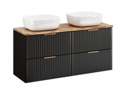 Double Vanity Unit with Basin 1200mm Oak Countertop Black Bathroom Cabinet Fluted Wall Hung Floating Drawers - Adel - thumbnail 4
