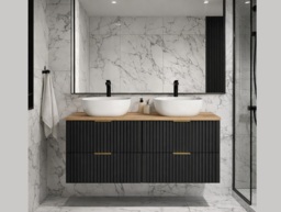 Double Vanity Unit with Basin 1200mm Oak Countertop Black Bathroom Cabinet Fluted Wall Hung Floating Drawers - Adel - thumbnail 1