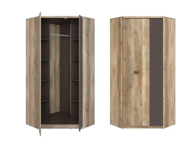 Large Corner Wardrobe L Shaped Free Standing Double 2 Door Bedroom Storage Oak Dark Grey Rustic Urban - Malcolm - image 1