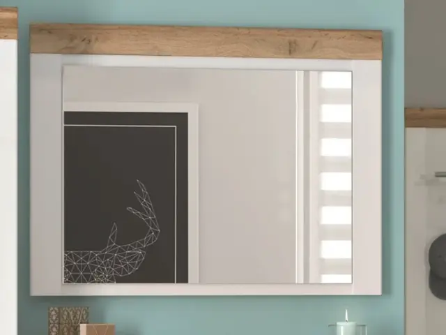 Wall Mounted Rectangular Mirror Hallway Bedroom Living Room White Gloss/Oak Effect Scandinavian - Holten - image 1