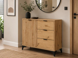 Small Sideboard Storage Cabinet Modern Compact 90cm Drawer Unit Slatted Oak Effect with Black Legs – Lamea - thumbnail 1