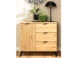 Small Sideboard Storage Cabinet Modern Compact 90cm Drawer Unit Slatted Oak Effect with Black Legs – Lamea