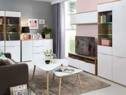 Modern Square Small 4-Door Sideboard Unit Storage Cabinet White Gloss/Oak - Zele - thumbnail 2