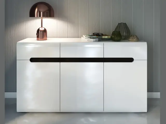 White Gloss Sideboard with Drawers Large Dresser Cabinet Wenge Dark Wood or Black Gloss Inserts 150cm - Azteca - image 1