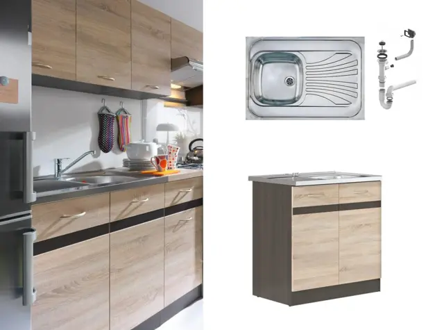 Kitchen Sink and Base Unit All-in-One Complete 800mm Cabinet with Sit on Sink 800 x 600 Stainless Steel - Junona - image 1