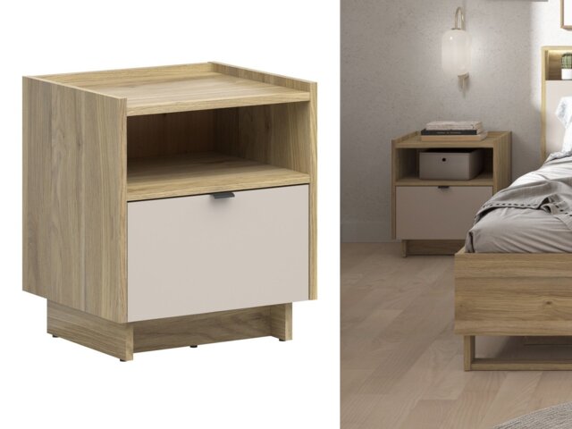 Cashmere Beige Bed Side Table Oak Cabinet with Drawer Open Shelf Small Storage Nightstand - Dalva - image 1