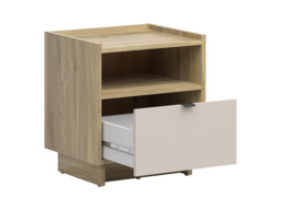Cashmere Beige Bed Side Table Oak Cabinet with Drawer Open Shelf Small Storage Nightstand - Dalva - thumbnail 4