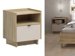 Cashmere Beige Bed Side Table Oak Cabinet with Drawer Open Shelf Small Storage Nightstand - Dalva