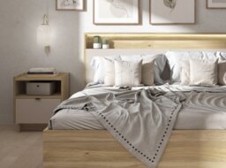 Cashmere Beige Bed Side Table Oak Cabinet with Drawer Open Shelf Small Storage Nightstand - Dalva - thumbnail 3