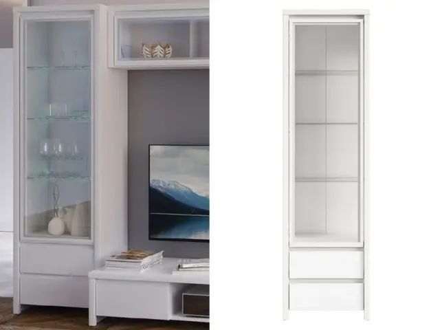 Tall Glass Display Cabinet Slim Narrow Dresser Unit with Drawers Modern White Matt - Kaspian - image 1