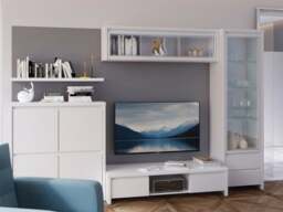 Tall Glass Display Cabinet Slim Narrow Dresser Unit with Drawers Modern White Matt - Kaspian - thumbnail 3