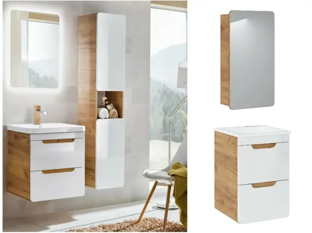 Bathroom Furniture Set Wall Hung Vanity 400mm Drawer Unit with Sink and Mirror Cabinet White Gloss Oak - Aruba - image 1