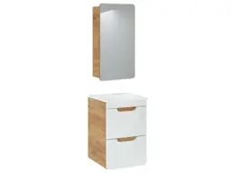 Bathroom Furniture Set Wall Hung Vanity 400mm Drawer Unit with Sink and Mirror Cabinet White Gloss Oak - Aruba - thumbnail 2