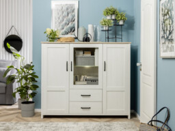 Large Glass Display Cabinet Buffet Sideboard 160cm Soft Close LED Lights White Pine / Oak Effect - Loksa