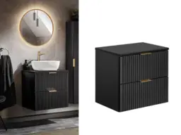 Bathroom Vanity Unit Countertop 600mm Ribbed Textured Black Wall Hung Floating Cabinet - Adel