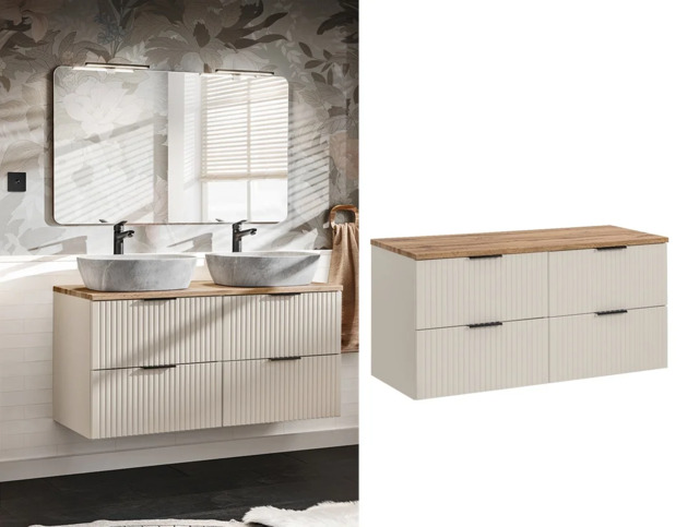 Bathroom Double Vanity Unit with Drawers Fluted Beige Floating Wall Sink Cabinet 120cm Oak Countertop - Adel - image 1
