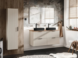 Bathroom Double Vanity Unit with Drawers Fluted Beige Floating Wall Sink Cabinet 120cm Oak Countertop - Adel - thumbnail 2