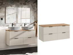 Bathroom Double Vanity Unit with Drawers Fluted Beige Floating Wall Sink Cabinet 120cm Oak Countertop - Adel - thumbnail 1