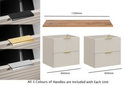 Bathroom Double Vanity Unit with Drawers Fluted Beige Floating Wall Sink Cabinet 120cm Oak Countertop - Adel - thumbnail 4