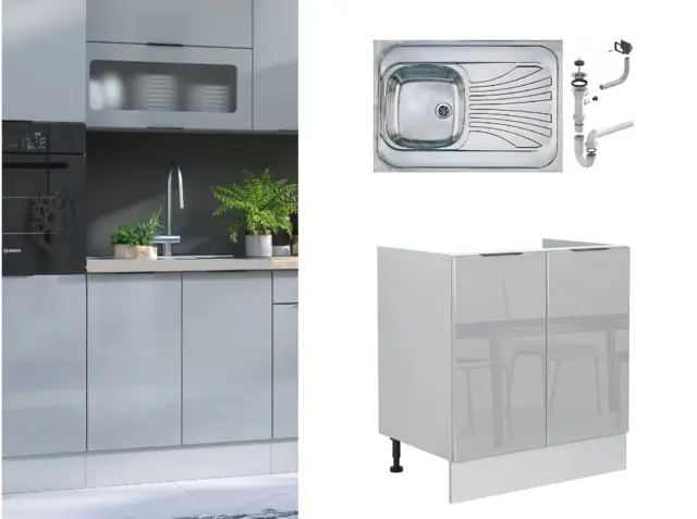 Kitchen Sink Unit with Sit On Sink and Freestanding Base Cabinet 800mm Cupboard Light Grey Gloss - Star - image 1