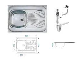 Kitchen Sink Unit with Sit On Sink and Freestanding Base Cabinet 800mm Cupboard Light Grey Gloss - Star - thumbnail 3