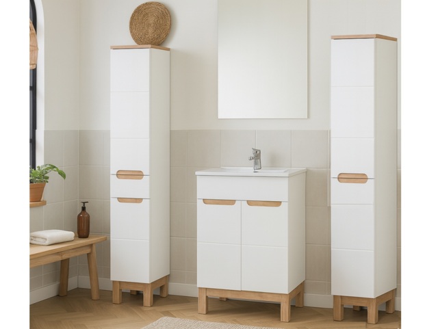 Bathroom Storage 600mm Vanity Sink Basin Laundry Cabinet Slim Tall Storage Unit White Gloss Oak Effect - Bali - image 1