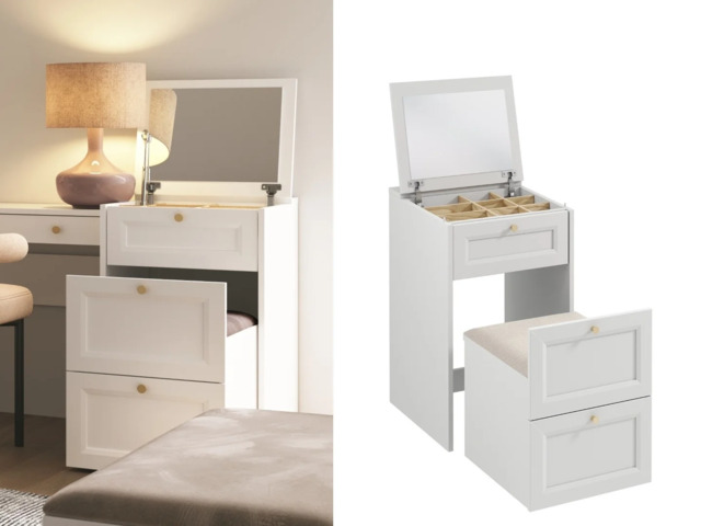 Narrow Dressing Table Stool with Storage Mirror Jewellery Box Small White Vanity Desk with Gold Handles - Rel - image 1