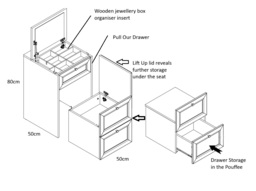 Narrow Dressing Table Stool with Storage Mirror Jewellery Box Small White Vanity Desk with Gold Handles - Rel - thumbnail 3