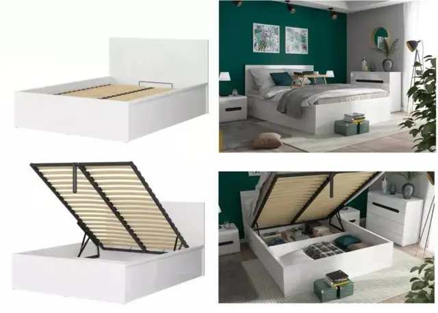 Ottoman Storage Double Bed White Gloss Euro 140cm Frame Gas Lift Up Underbed Compartment Modern - Tetrix - image 1
